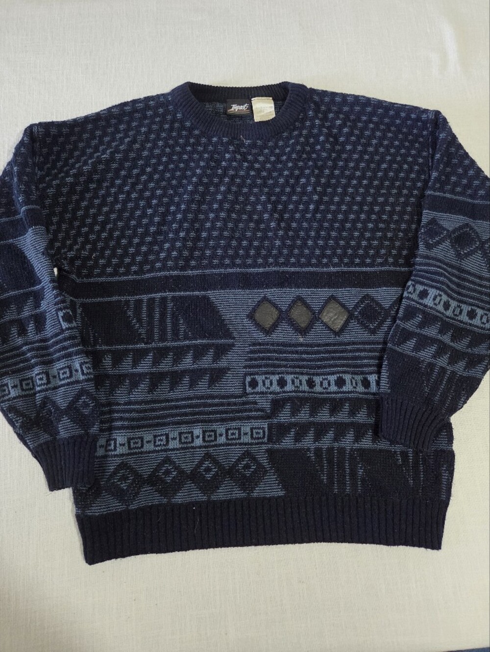 Vintage Impact Navy and Light Blue Geometric Crewneck Sweater XL